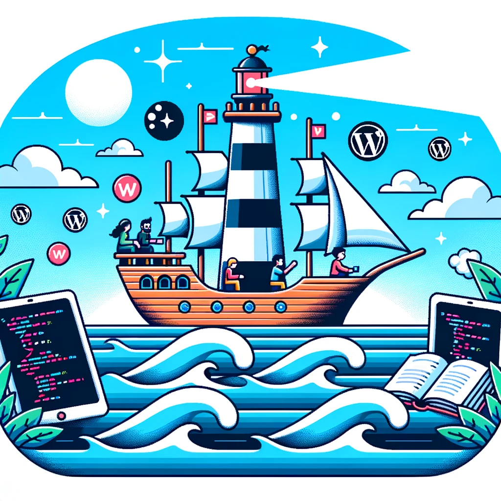 A picture of people on a ship with flags, surrounded by tablets and code and WordPress logos