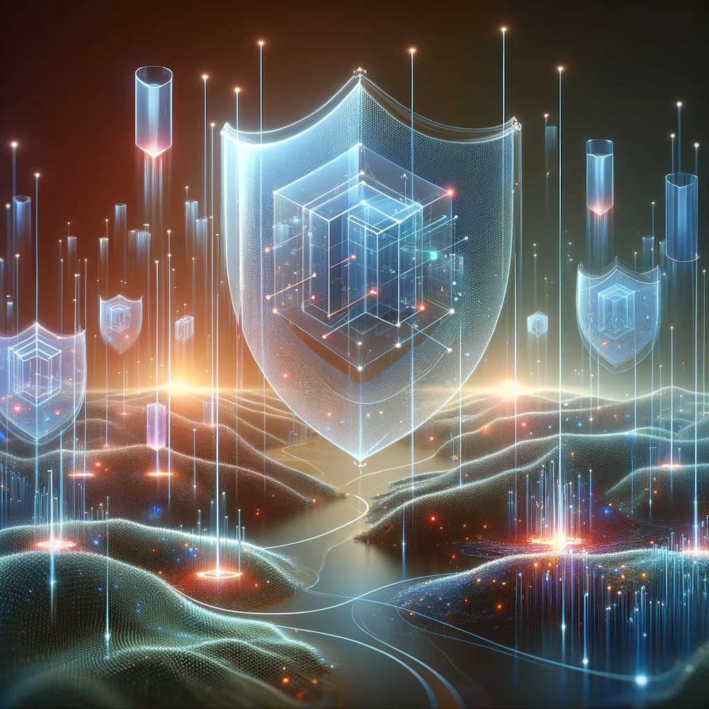 Transparent shields guard a digital landscape from cyber threats