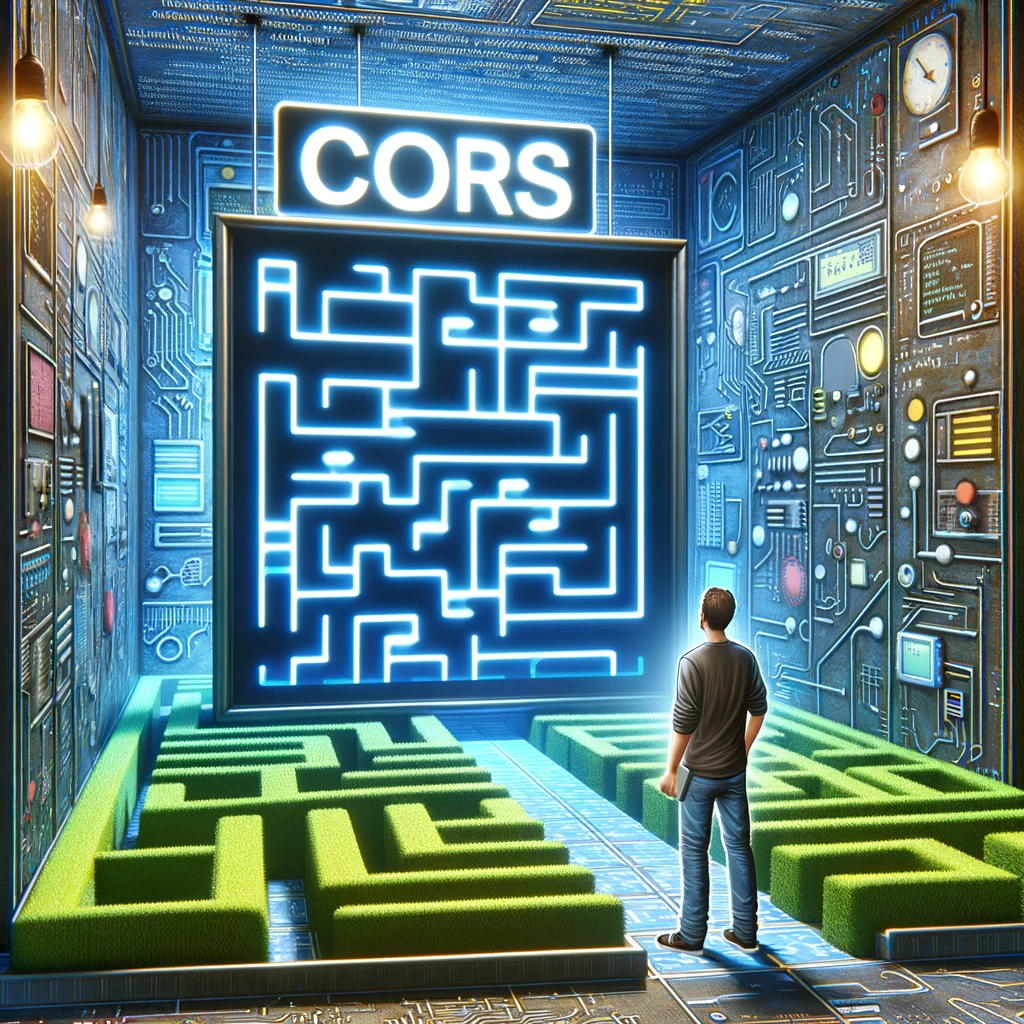A JavaScript developer stands in a maze representing CORS errors