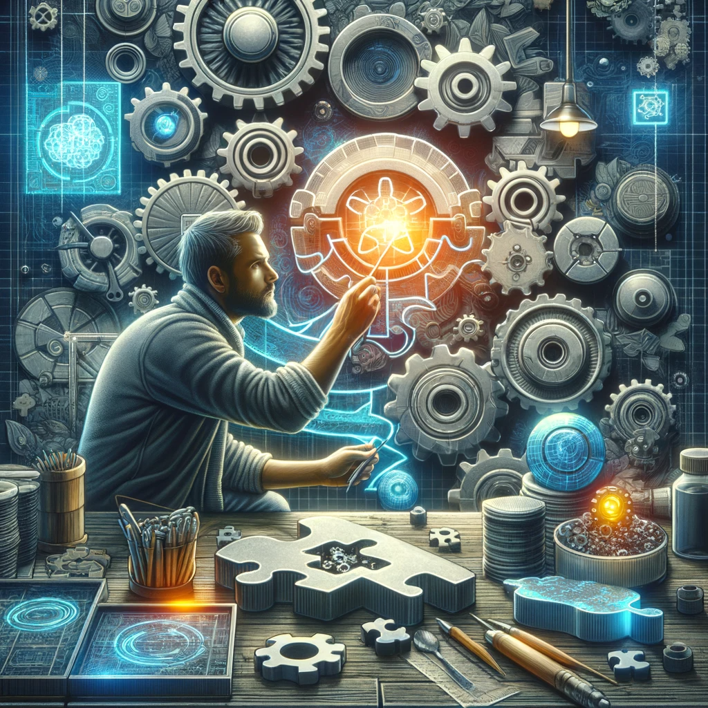 A man, symbolizing a back-end developer, works on an intricate series of gears in a workshop