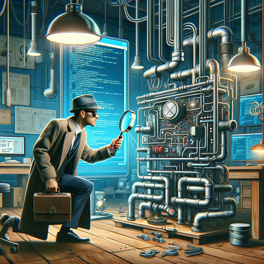 A man dressed as a detective inspects a complex engine with a magnifying glass, with a wall of code in the background