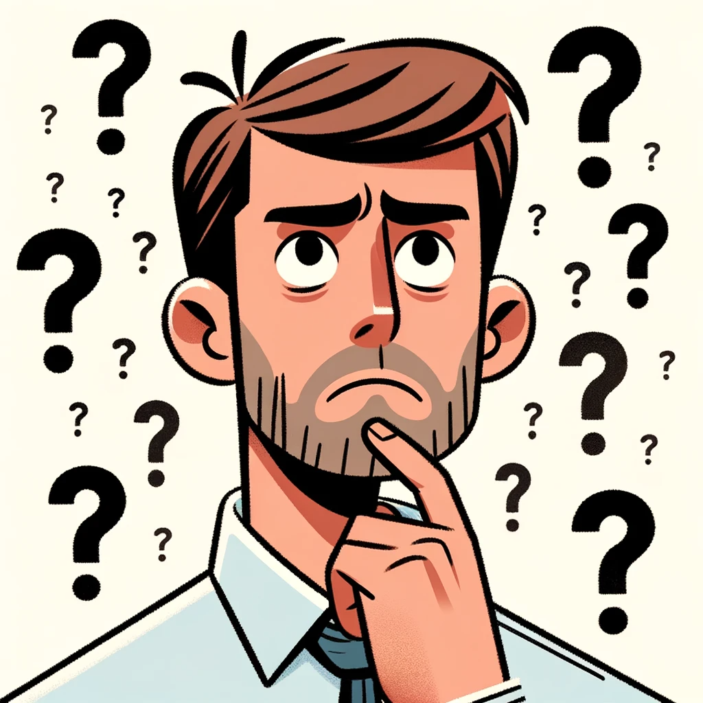 An illustration of a concerned man, with question marks around his head.