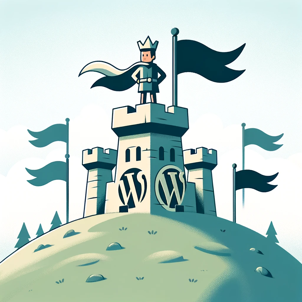 A proud king stands atop his fortress, with the WordPress logo on the sides of the towers