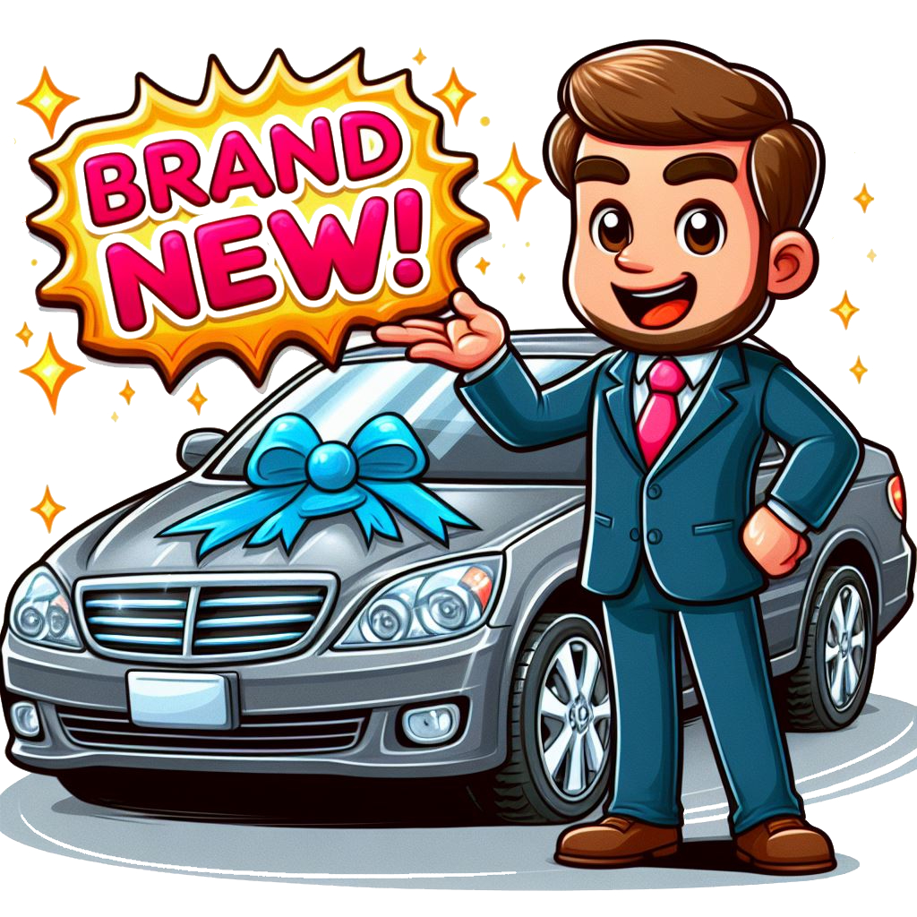 An illustration of a man standing in front of a new car with a flashy Brand New sign