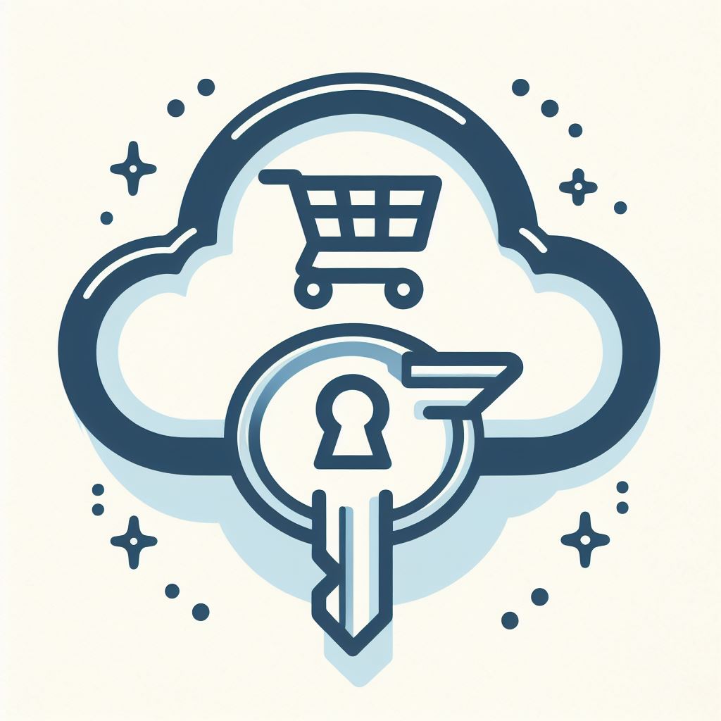 A simple illustration of a key underneath a cloud with a shopping cart icon