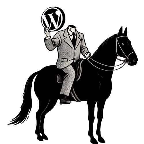 An illustration of the Headless Horseman holding the WordPress logo