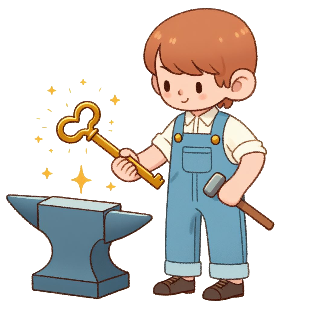 A cartoon of a man in blue overalls, forging a key with a hammer and anvil