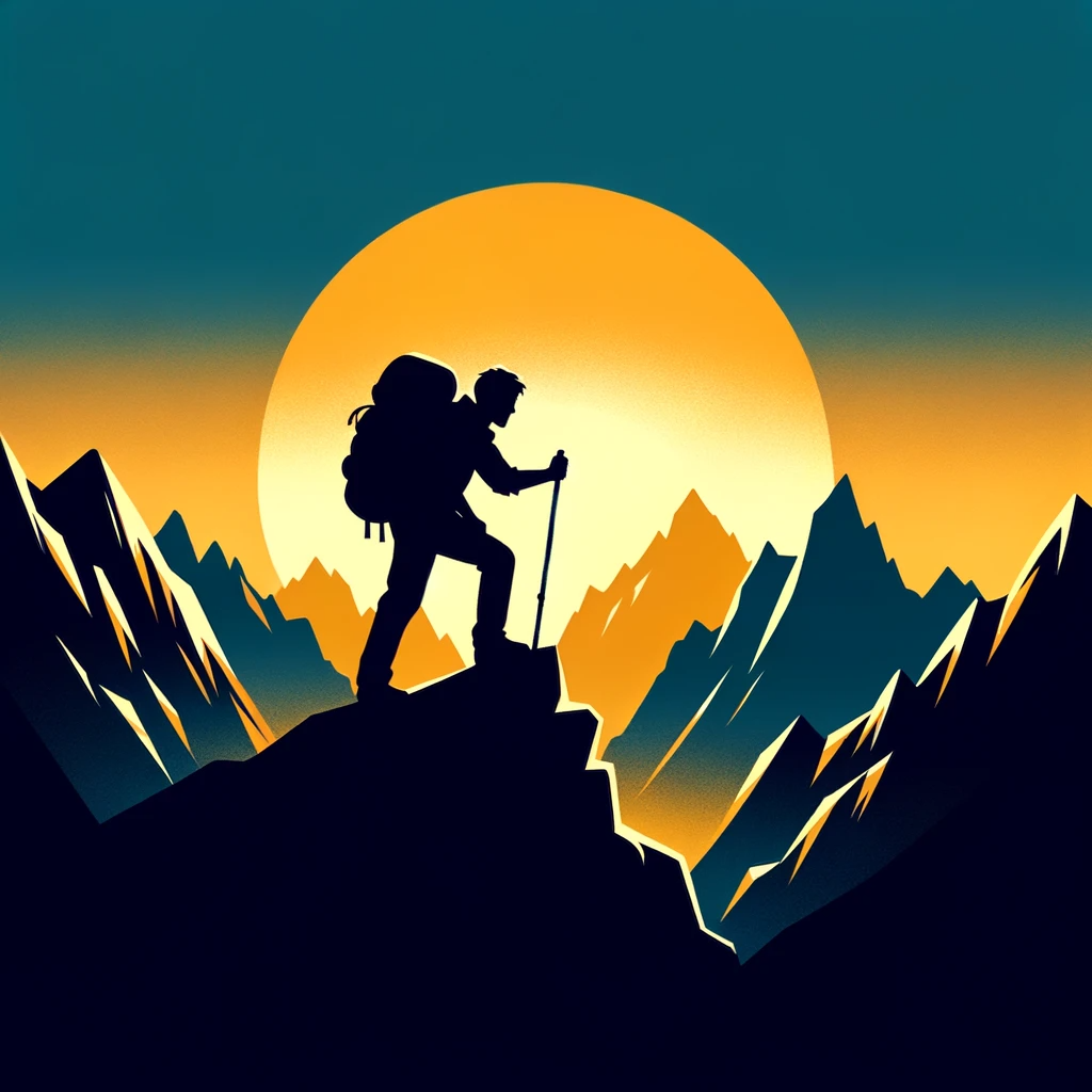 The silhouette of a hiker climbing a jagged mountain range at sunrise