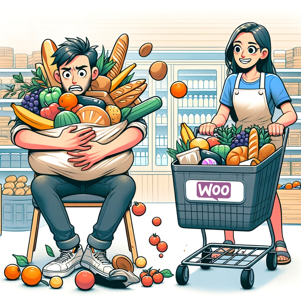 A man clutches a bag that is overflowing with vegetables while a woman pushes a neat shopping cart with the WooCommerce logo