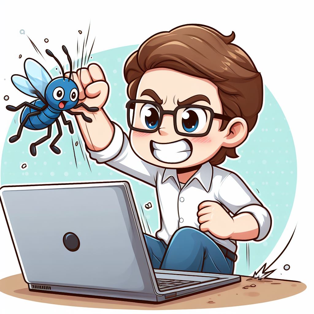 An illustration of a man with a laptop swatting a large bug