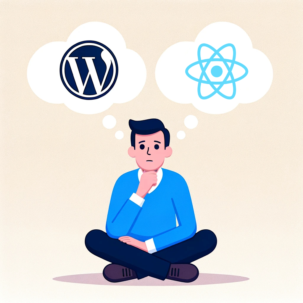A man sitting pensively on the floor with two thought bubbles. One has the WordPress logo, and one has the React logo.