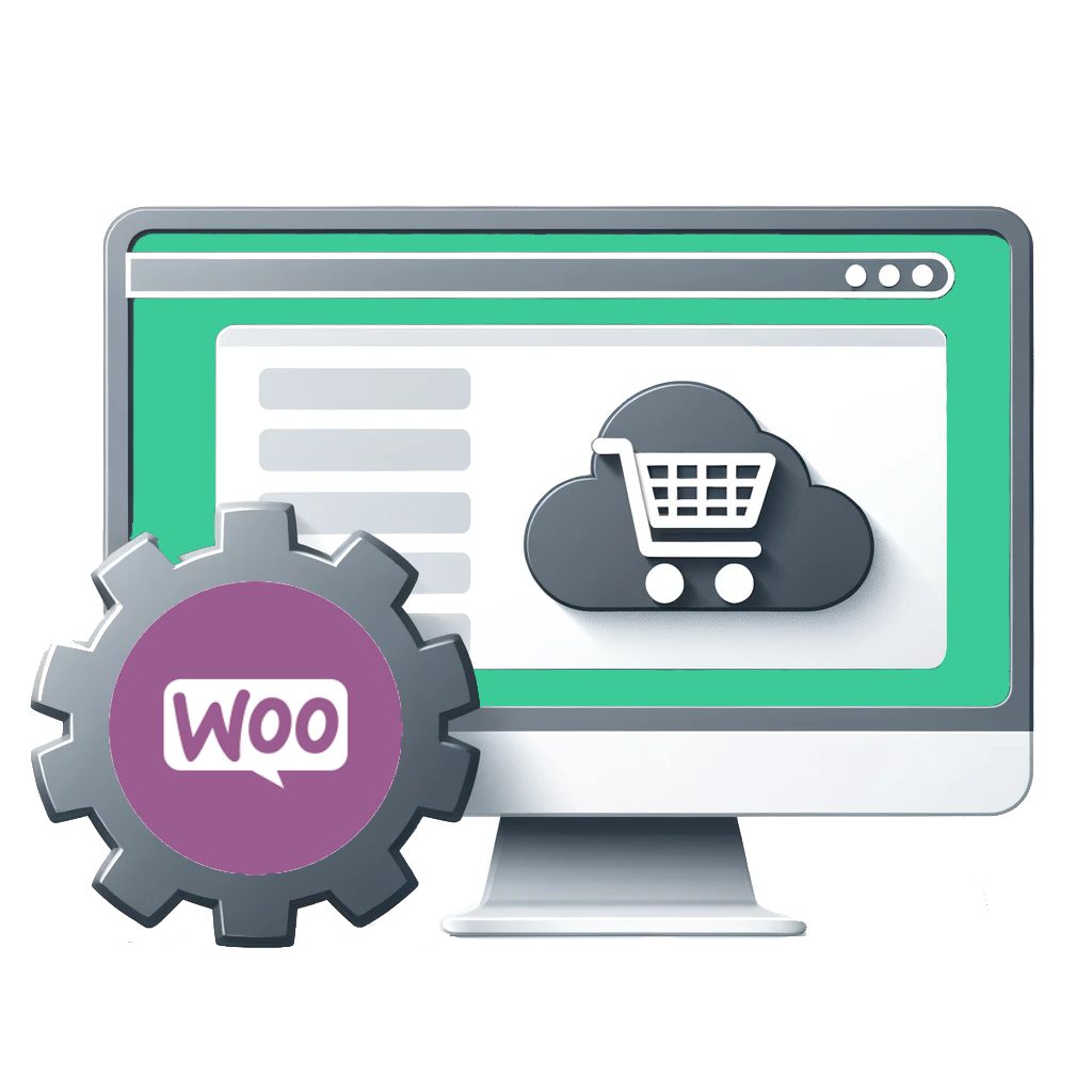 A browser showing an ecommerce website, with a gear showing the WooCommerce logo