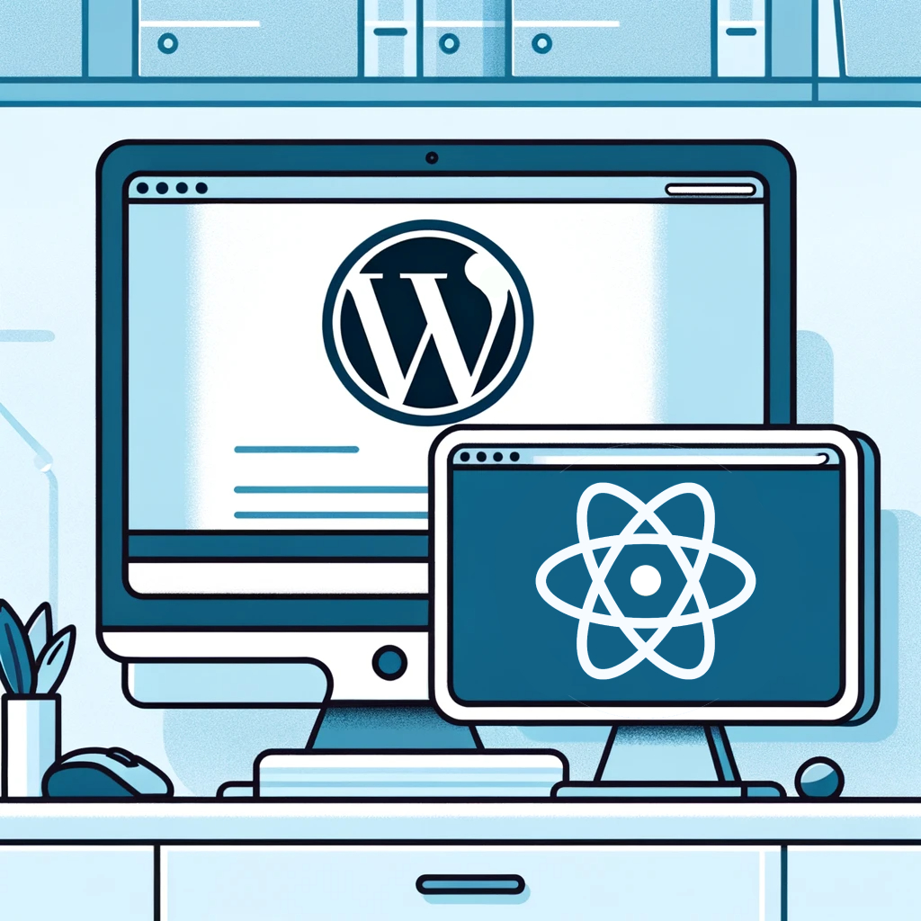 An illustration of two computer monitors, one showing the WordPress logo, and the other showing the React logo