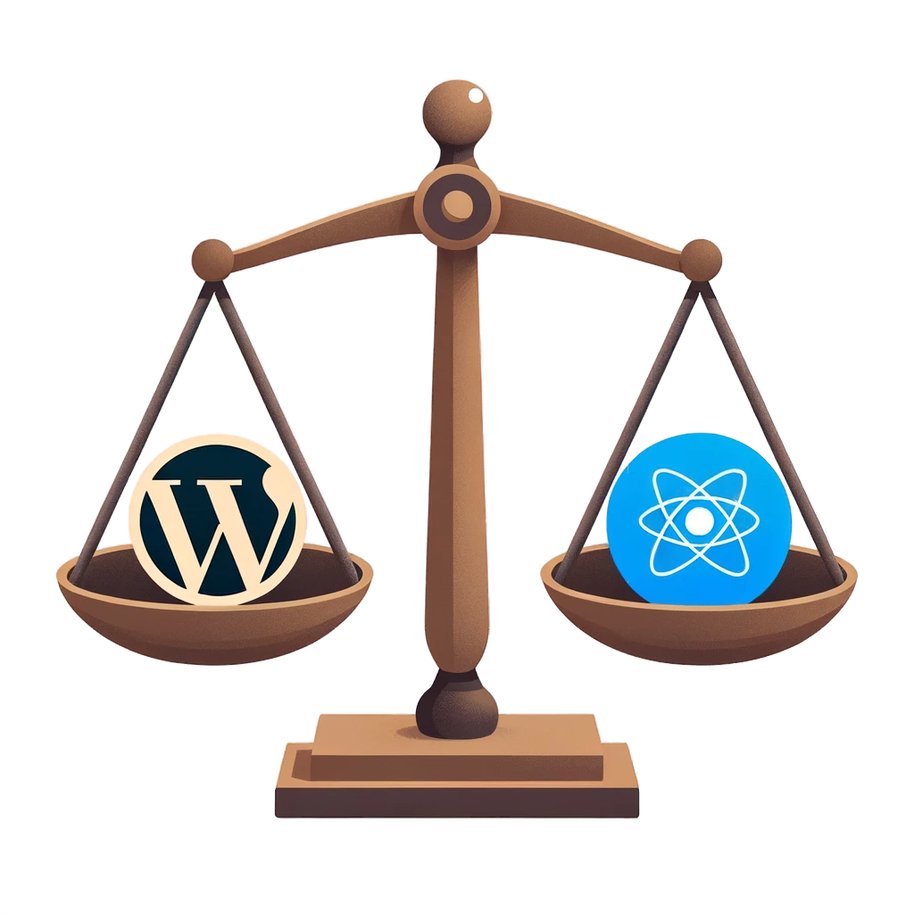 A simple illustration of a balanced scale. One side has the WordPress logo, and the other has the React logo.