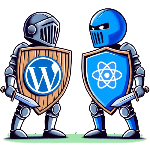 An illustration of two knights in suits of armor. One has a shield with the WordPress logo, and the other has a shield with the React logo.