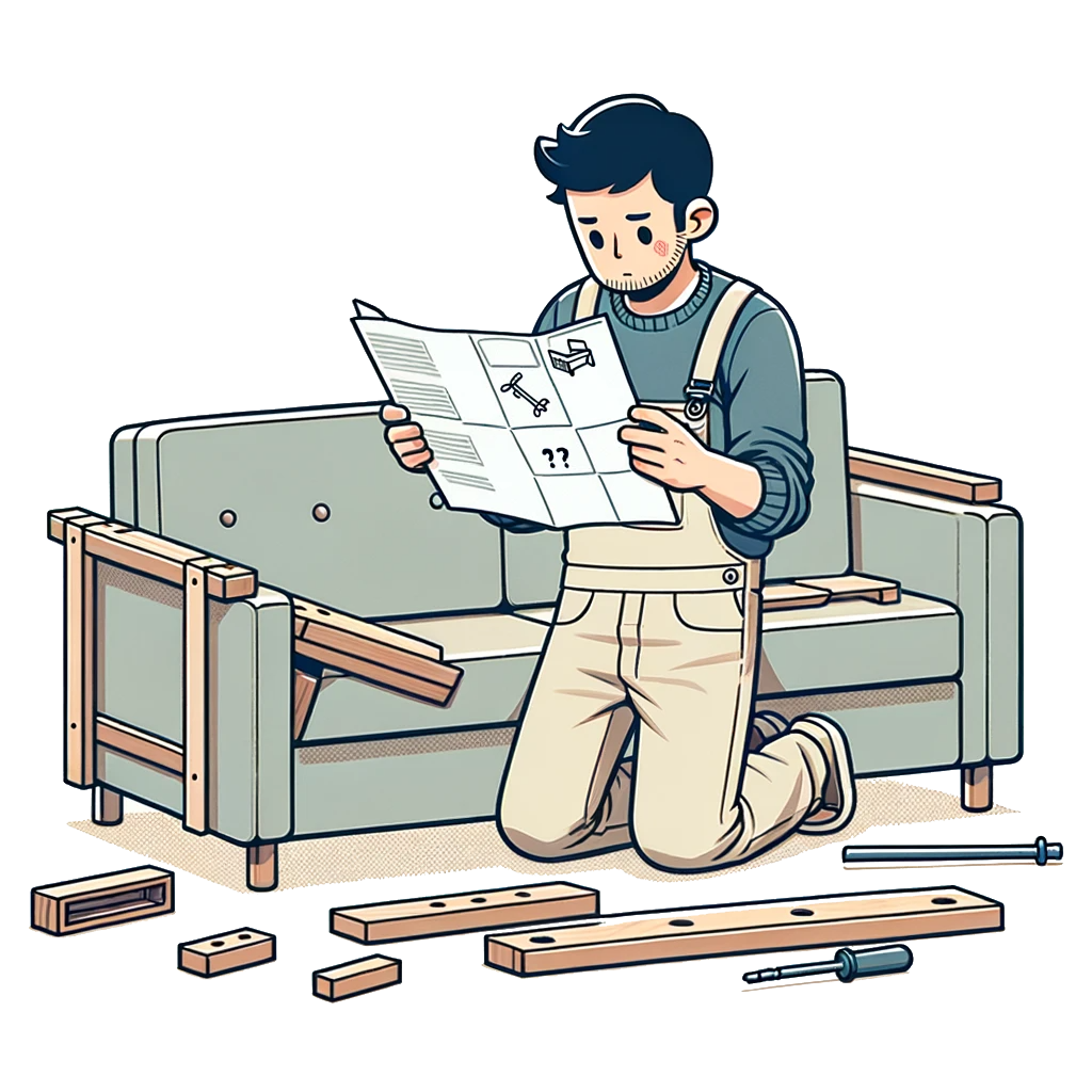 A man reads an instruction manual while building a sofa