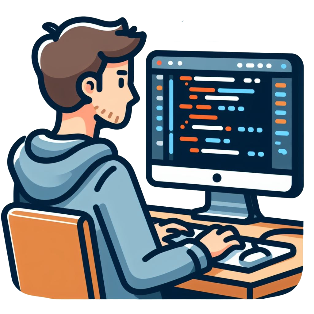 A simple illustration of a man sitting at a computer writing code