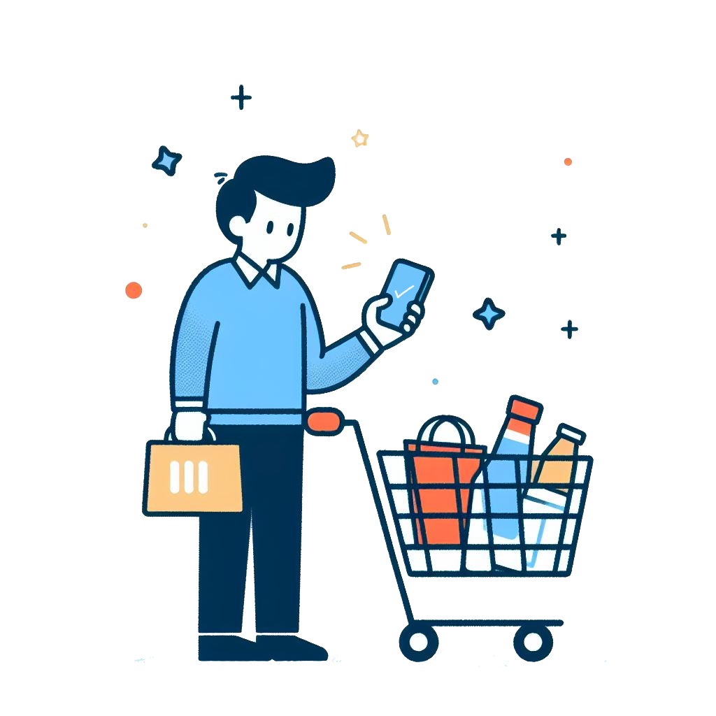 An illustration of a man holding a phone and standing with a shopping cart