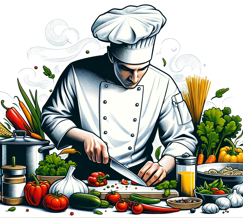 A chef chops various vegetables on a cutting board