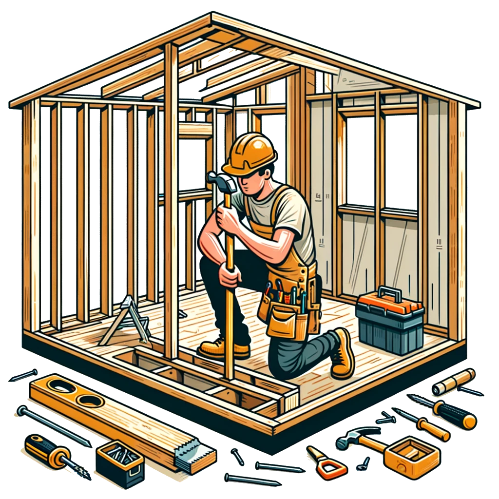 A construction worker building the frame of a wooden house
