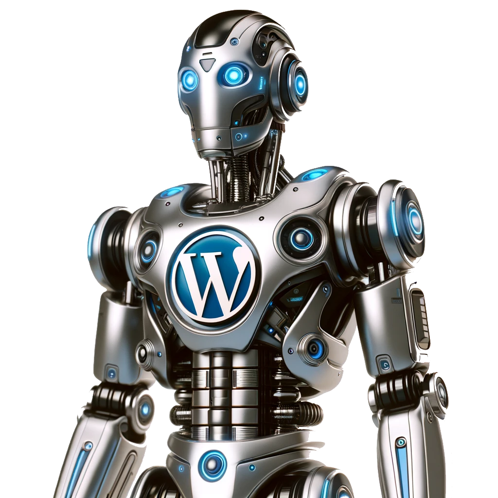 A humanoid robot with the WordPress logo on its chest