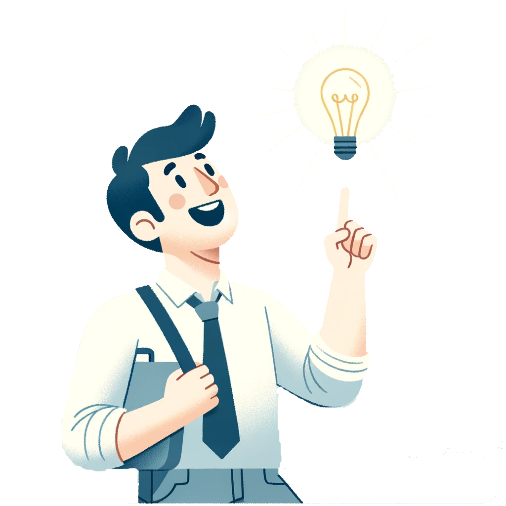 A smiling man holding a briefcase points upward at a lightbulb